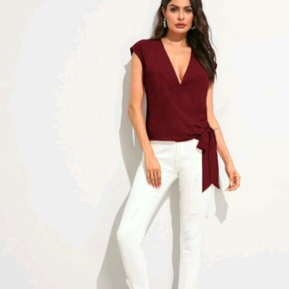 SHEIN Sleeveless Cabernet Red Wine Side Tie Wrap Blouse Shirt Size X-LARGE - Picture 2 of 5